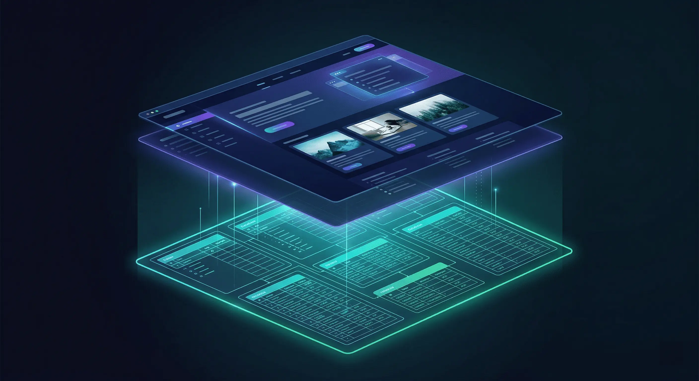 A striking, dark-mode hero image. Show a sleek digital interface splitting into two layers—a frontend interface floating above a structured database grid.