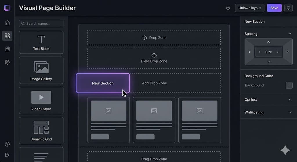 A UI mockup of the CMS editor showing a drag-and-drop interface