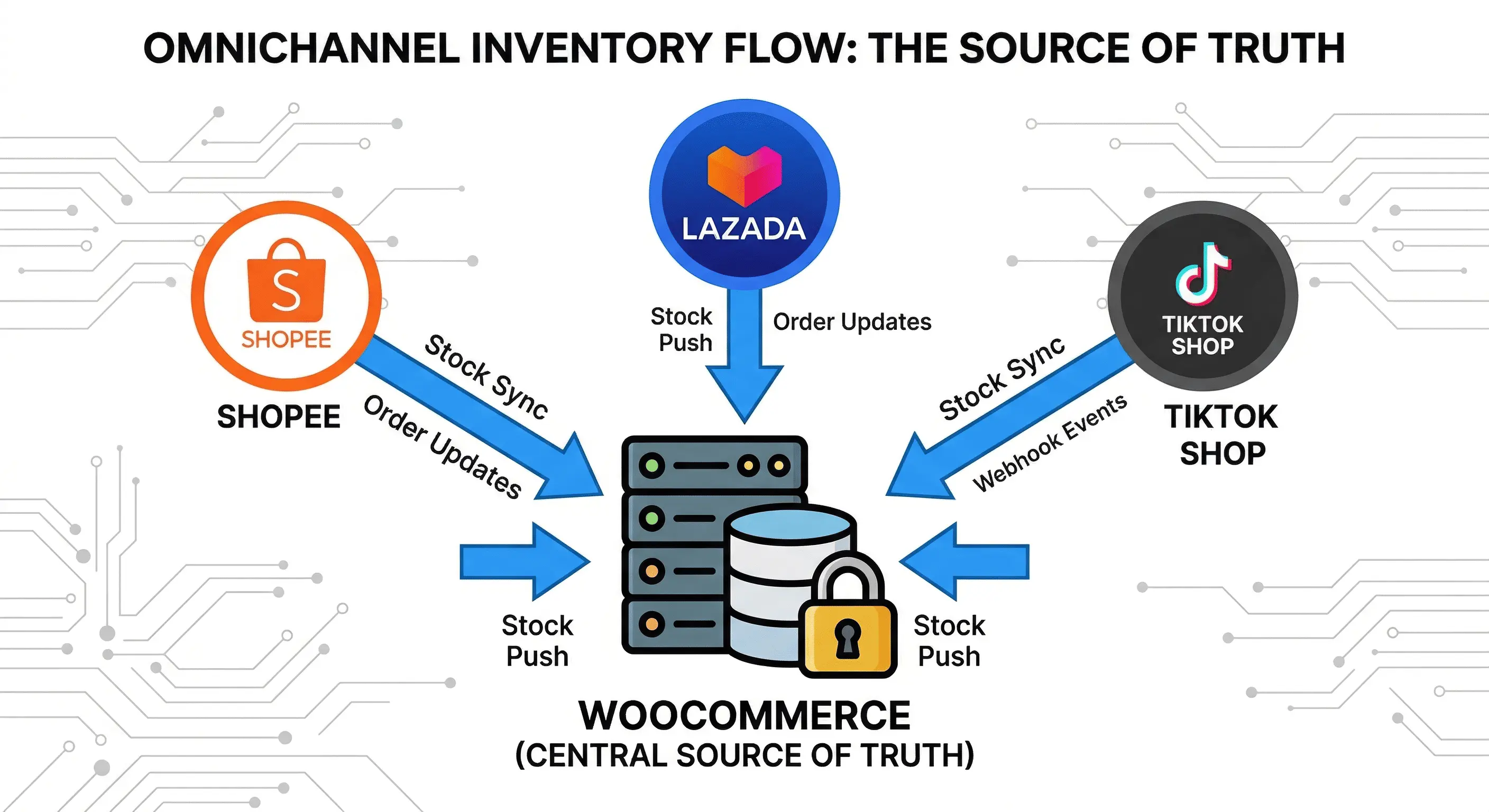 High-level architecture diagram. Show Shopee, Lazada, and TikTok Shop nodes pointing inward to a central WooCommerce hub