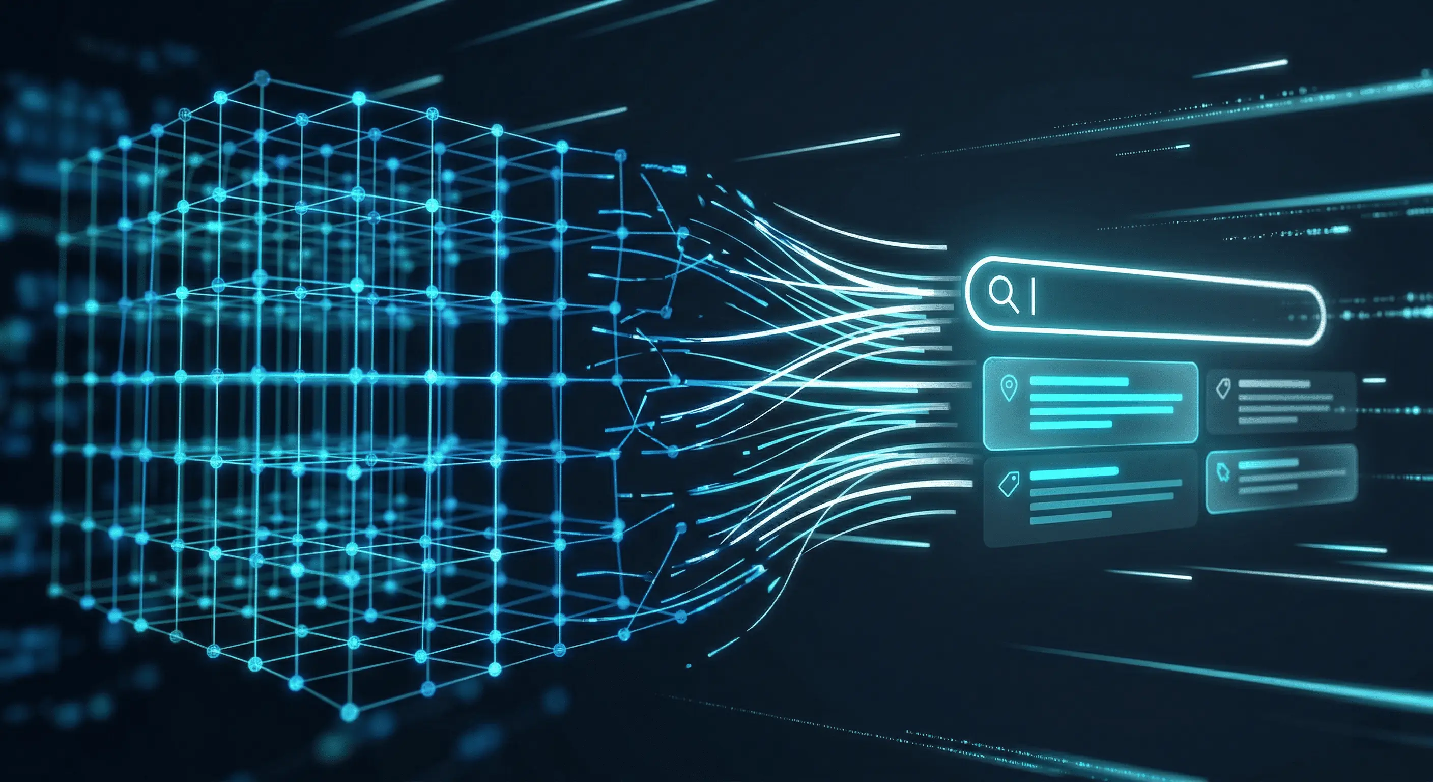 A striking, dark-mode hero image showing a glowing, complex database grid slowly transforming and branching out into a fast, streamlined search interface.