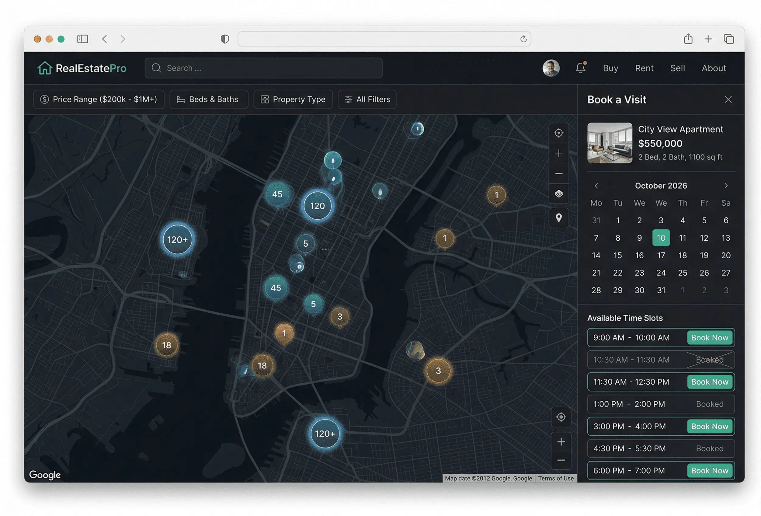 A UI mockup of the platform showing a clean map interface with clustered data points and a sleek booking sidebar showing available time slots.